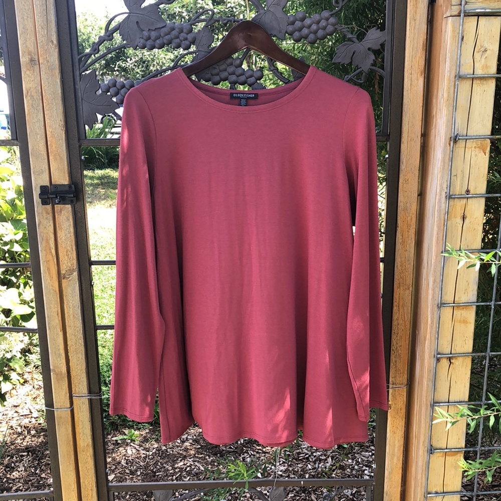 Eileen Fisher rusty red long sleeve viscose blend top size L.